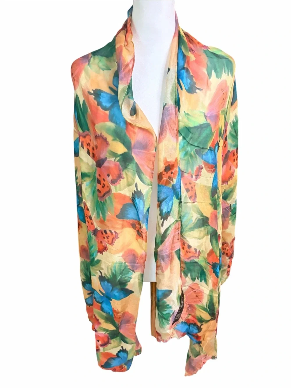 Patricia Nash Floral and Butterflies Watercolor Scarf in Orange, Blue & Green
